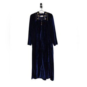 Vintage Royal Blue Velvet 80s Embroidered Housecoat Retro Soft Luxury Size L